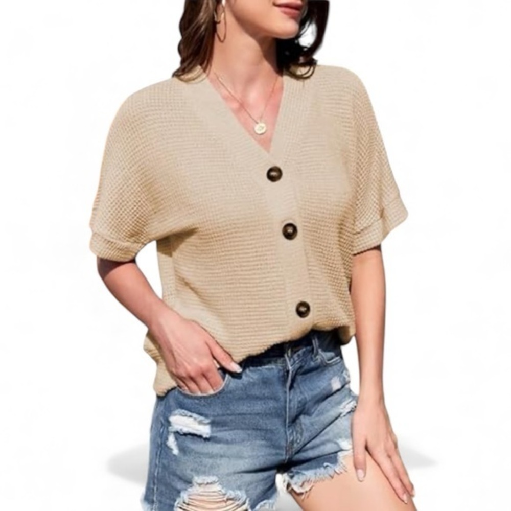 🦌🥑Short-Sleeve Waffle Knit Sweater XL — Neutral Button Front CLEARANCE